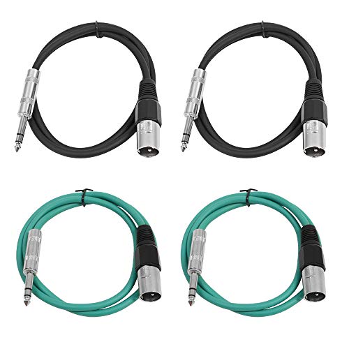 Seismic Audio - SATRXL-M2-4 Pack of 2 Foot 1/4 Inch TRS to XLR Male Patch Cables - Balanced - 2 Foot Patch Cord - Black and Green - color: Black and Green