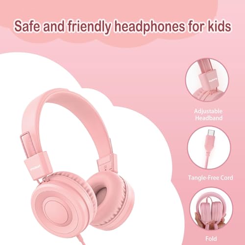 USB Type C On-Ear Kids Headphone for School-Light Pink | 94 dB Volume Limiter USB C Wired On-Ear Headset for Kids/Toddlers/Children/Teens/Boys/Girls