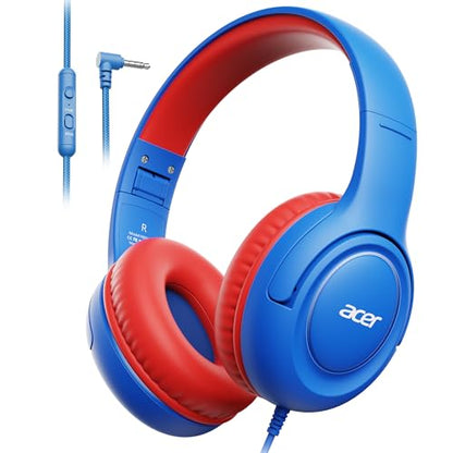 Acer Kids Headphones for School, 85-94dB Limiter, 3.5mm Jack, w/Mic HK03 | Foldable Wired Over Ear Headphones, for Toddler School/Tablet/iPad/PC/Travel, Blue-Red - color: Blue Red