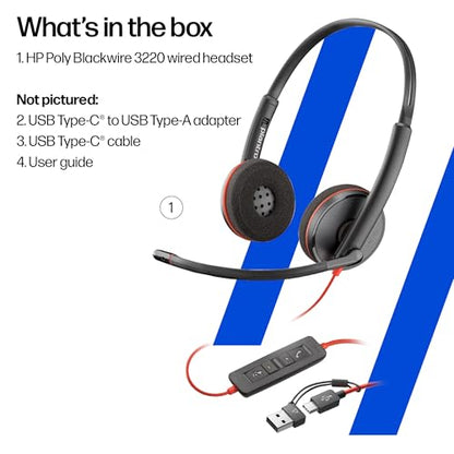 Poly Blackwire 3220 Wired Headset with Mic, Hi-Fi Stereo Sound, Noise-Canceling Mic, Stereo Design, Connect to PC via USB-C & USB-A Adapter, Over-Ear Design, Works with Virtual Meeting Platforms - style: 2023 Version (USB-C & USB-A)