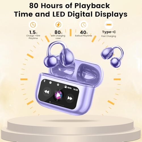 Clip On Ear Headphones, Open Ear Earbuds Wireless Bluetooth 5.4, Clip On Earbuds with LCD Touchscreen, Lightweight Comfort Open Ear Headphones for Pad Tablet Laptop Android/iOS Phones (Purple) - color: Purple