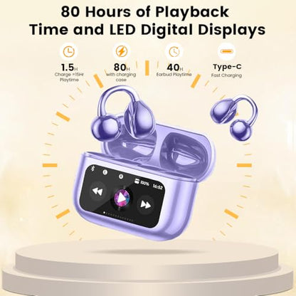 Clip On Ear Headphones, Open Ear Earbuds Wireless Bluetooth 5.4, Clip On Earbuds with LCD Touchscreen, Lightweight Comfort Open Ear Headphones for Pad Tablet Laptop Android/iOS Phones (Purple) - color: Purple