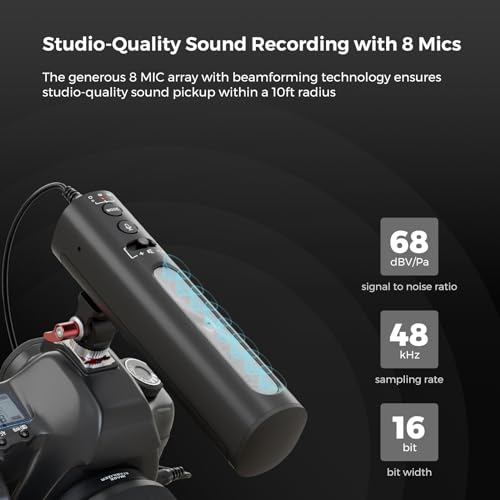 Shotgun Microphone for Camera with Cold Shoe Mount (AM10B) | USB Condenser Microphone for DSLR/PC, Podcast Mic with 8 Mic Array, 12H Battery, 3 Polar Pattern, Volume Control, Monitoring