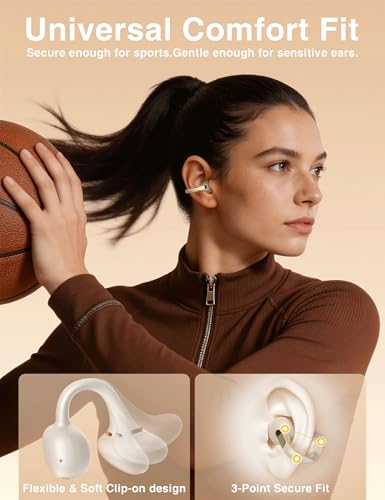 Open Ear Earbuds, Wireless Bluetooth 6.0 Clip-on Earbuds, 50H Playtime, Comfortable Snug Fit, Chic Tech Accessories & Gifts for Women & Kids, White