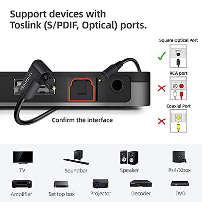 90 Degree Optical Audio Cable 8ft, Slim Digital Audio Optical Cable, SPDIF Toslink Cord, 360 Degree Right Angle Fiber Optic Toslink Cable for Sound Bar, TV, PS4, Xbox, Home Theater - size: 8ft, style: One Right Angle Plug