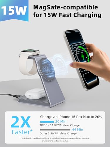 TRIBONE 3 in 1 MagSafe Wireless Charging Station for iPhone Watch AirPods | Qi2 certified 15W fast magnetic charging. For iPhone 17/16/15/14/13/12, AirPods Pro, Apple Watch Ultra.