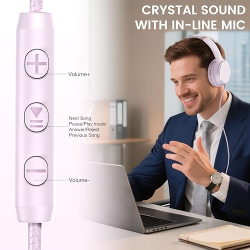 USB C Wired Over-Ear Headphones with Microphone | Volume Control, Share Port, Adjustable Headband Foldable Stereo Headset for Adult/Teens for iPhone 16, Laptop, Gaming, Travel - color: Pink