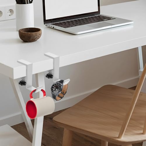 Clamp-On Under Desk Backpack Hanger, Clamp-On Under Desk Headphone Holder, Students' Desk Hook, with Adjustable Arm Clamp for Handbag and Purse Holder (White) - color: White