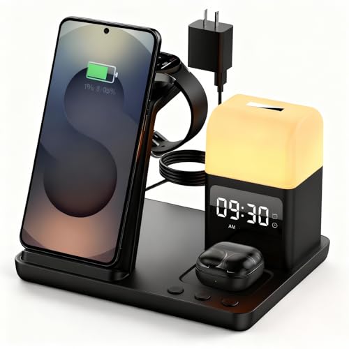 Wireless Charger for Samsung/Android Charging Station, 6 in 1 Fast Watch Charger with Alarm Clock-Night Light, Compatible for Galaxy S25 Ultra/S24, Only for Samsung Watch8/7, Galaxy Buds3 Pro(Black) - color: Black