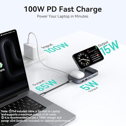 MOKiN USB C Hub with 15W Qi2 Wireless Charger, Laptop Docking Station to 4K HDMI, 100W PD, 10Gbps Ports, 15W+5W Wireless Charging Stand for iPhone 16/15/14/13 & Airpods, USBC Dock for MacBook/Windows