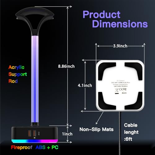RGB Headphone Stand with Charger 3 USB Ports and 2 AC Outlets,2 USB-A 1 Type C,Desk Gaming Headset Holder with 9 Light Modes,PC Gaming Desk Accessories,Gamer Gifts,RGB Gaming Stuff Headset Stand | 9 Light Modes:7 Static & 3 RGB Dynamic Lights; 2 AC,2 USB-