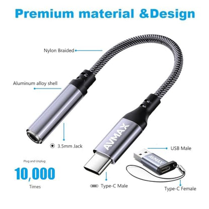 AVMAX USB C to 3.5mm Audio Headphone Adapter,Type c to Aux Female Cable for 16 15 Plus, S24 S23 S22 S21 S20 Ultra Pixel MacBook and More Type c Devices (Gray) - style: Classic Gray1