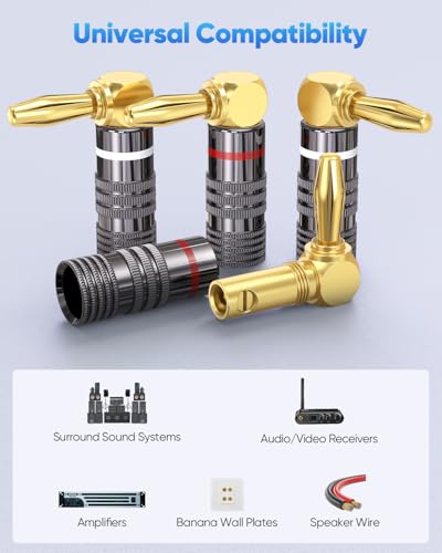 Right Angle Banana Plugs for Speaker Wire 6 Pairs/12 PCS, 90 Degree Speaker Banana Plugs Connector 24K Gold Plated for A/V Receiver, Amplifier, Sound System, Wall Plate, Home Theater - size: 6 Pairs(Right Angle)