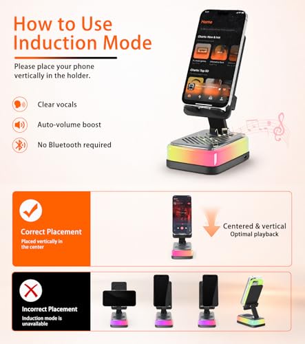 Induction Speaker Phone Stand, Desktop Holder Compatible with iPhone Android Tablet, Portable Bluetooth 5.3 Speaker, USB Emergency Charge, Tech Gifts for Men Women Birthday