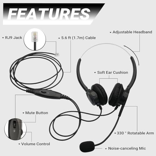 Dual Ear RJ9 Phone Headset for Cisco Office Phones, Corded Telephone Headset with Microphone Noise Cancelling & Mute Switch for Cisco Phones 6941 7811 7821 7841 7861 7940 7961 7965 8811 8841