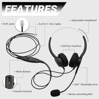 Dual Ear RJ9 Phone Headset for Cisco Office Phones, Corded Telephone Headset with Microphone Noise Cancelling & Mute Switch for Cisco Phones 6941 7811 7821 7841 7861 7940 7961 7965 8811 8841