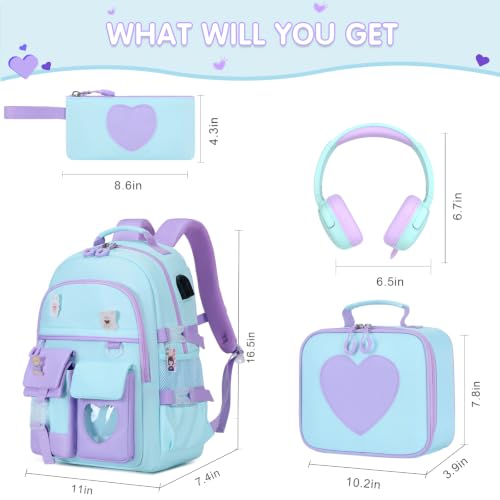 ACESAK Backpack for Girls with Headphones - Girls Backpack with Lunch Box, Pencil Case & Kids Headset - 3.5mm Wired Headphones for School Bookbag Schoolbag Set Back To School Gift (Blue Purple) - color: Blue Purple