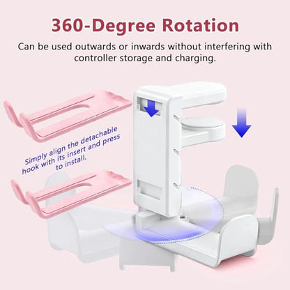 3-in-1 Gaming Headset Stand with Controller Holders Clamp-on Under Desk Rotating Headphone Hanger Adjustable PC Desk Headphone Holder with Cable Organizer - color: pink