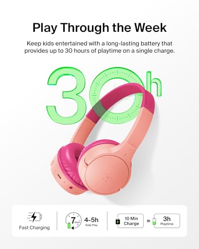 Belkin SoundForm Mini Bluetooth Kids Headphones, On Ear, 30H Battery Life | Toddler headphones, 85dB Volume Limit, Built-in Mic, Wired Connection Option, iPad, Android Tablet, School, Travel - color: Pink, style: Wireless (USB-C)