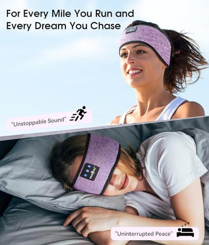 MUSICOZY Bluetooth 5.4 Sleep Headphones Headband Sports Wireless Audio | Earbuds 2 in 1 Design with Breathable Stretch Fabric, HD Stereo Sound Speakers for Workout Yoga Running, Nighttime Sleep Use - color: Light Purple