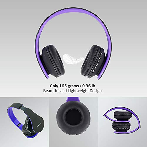 PowerLocus Wireless Bluetooth Over-Ear Stereo Foldable Headphones, Wired Headsets Rechargeable with Built-in Microphone for iPhone, Samsung, LG, iPad (Purple) - color: Purple