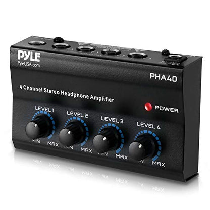 4-Channel Portable Stereo Headphone Amplifier - Professional Multi Channel Mini Earphone Splitter Amp w/ 4 ¼” Balanced TRS Headphones Output Jack and 1/4" TRS Audio Input For Sound Mixer - Pyle PHA40 BLACK - size: 6X6X5