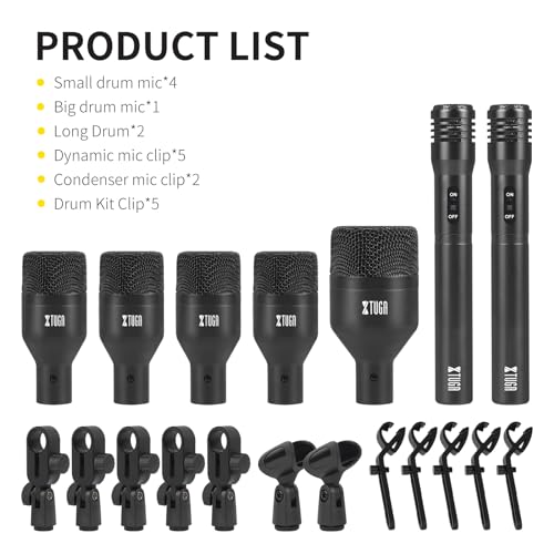 XTUGA DI7 Drum Microphone Kit,7 Pieces Metal Dynamic Drum Mic Set