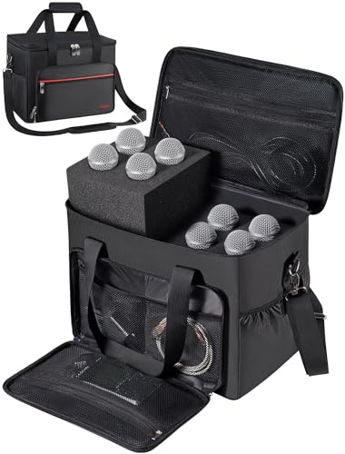 Microphone Case for 8 Mics, Travel Microphone Bag with Foam for Wired and Wireless Microphones, Microphone Carrying Case with Adjustable Strap for SM58s Vocal Mics, Mic Clips, XLR Cables and Charger