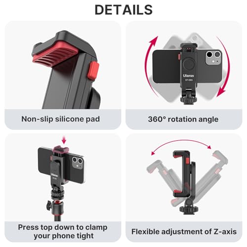 ULANZI ST-06S Phone Tripod Mount, Universal Phone Mount w 2 Cold Shoe | 1/4" Screw, 360° Rotates 180° Tilts, Adjustable Cellphone Clip Clamp Holder for Tripod, Camera, iPhone 17/16/15, Android