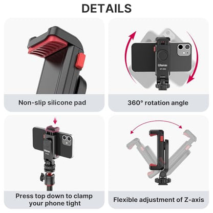ULANZI ST-06S Phone Tripod Mount, Universal Phone Mount w 2 Cold Shoe | 1/4" Screw, 360° Rotates 180° Tilts, Adjustable Cellphone Clip Clamp Holder for Tripod, Camera, iPhone 17/16/15, Android