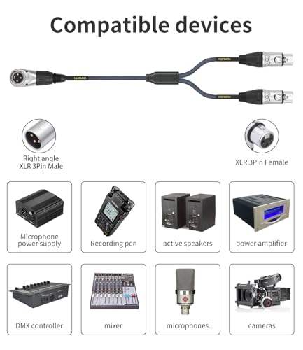 2Ft Right Angle 3Pin XLR Male to Dual 3Pin XLR Female Y Splitter 1 Male to 2 Female Audiao Cable, Mixer, Microphone,Amplifier Y Splitter Cable - color: Right Angle XLR 1 Male to 2 Female, size: 2Ft*1Pack