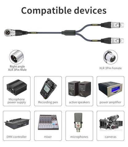 2Ft Right Angle 3Pin XLR Male to Dual 3Pin XLR Female Y Splitter 1 Male to 2 Female Audiao Cable, Mixer, Microphone,Amplifier Y Splitter Cable - color: Right Angle XLR 1 Male to 2 Female, size: 2Ft*1Pack