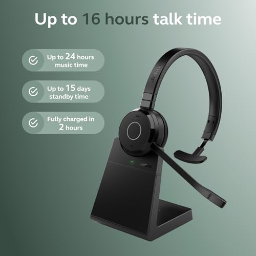Jabra Evolve 65 TE (Third Edition) Wireless Single-Ear Headphones w/Charging Stand - Noise-Canceling Mic, 16 hrs Battery Life, Dual Connectivity, MS Teams Certified, Supports Other Platforms, Black