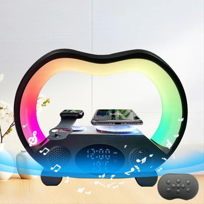 IHAO 6in1 Multi Functional Wireless Charger Bluetooth Speaker Time&Temperature Display Alarm Clock 7-Color LED Night Lights Fast Charger for Phone Apple Watch Earbuds Remote Control-Black - color: Wireless Charger Alarm Clock Zs932 Black