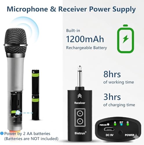 Wireless Microphone with Echo/Treble/Bass, 1/4'' Plug Rechargeable Receiver