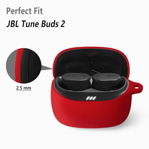 Geiomoo Silicone Case for JBL Tune Buds 2, Soft Flexible Scratch Resistant Protective Cover with Carabiner (Red) - color: Red