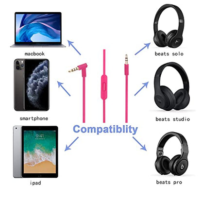 Solo Replacement 3.5mm Audio Cable Cord Wire with in-line Remote Microphone Compatible with Beats by Dr Dre Headphones Solo/Studio/Pro/Detox/Wireless/Mixr/Executive/Pill Suppot iOS System (Pink) - color: Pink