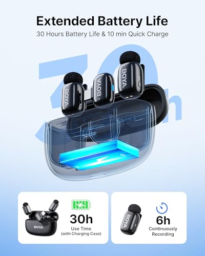 BOYA mini 2 Wireless Lavalier Microphone for iPhone 15/16/17 & Android | AI Noise Cancellation, App Control, 30H Battery Life with Charging Case for Vlogging Interviews and Content Creation - color: Black