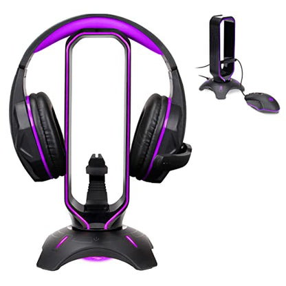 ENHANCE PC Gaming Headset Stand with Mouse Bungee - RGB Headphone Holder, 2 USB Ports, 7 LED Color Modes, Compatible with Desktops, Keyboards, Headphones