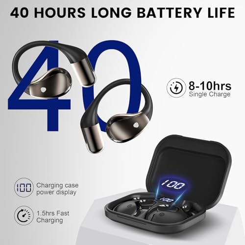 Open-Ear Headphones, Bluetooth 6.0 Wireless Earbuds Powerful Sound, 40H Open Ear Earbuds with ENC Mic, Adjustable Ear Hooks/IP7 Waterproof/Ultra-Comfort Earphones for Workouts/Running, Black
