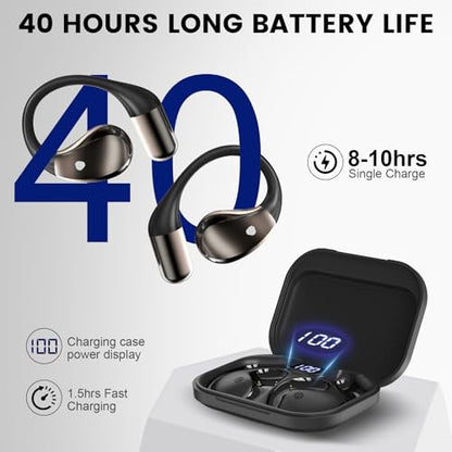 Open-Ear Headphones, Bluetooth 6.0 Wireless Earbuds Powerful Sound, 40H Open Ear Earbuds with ENC Mic, Adjustable Ear Hooks/IP7 Waterproof/Ultra-Comfort Earphones for Workouts/Running, Black
