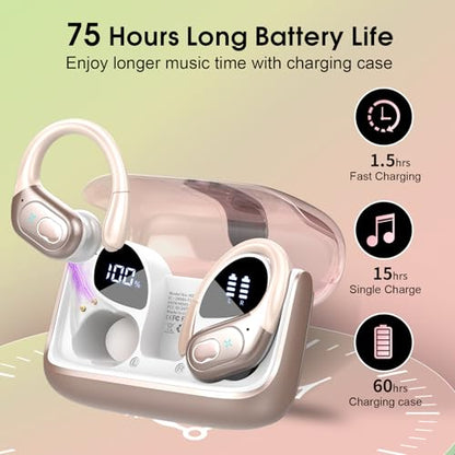 Aptkdoe Wireless Earbuds 75H Bluetooth 5.4 Sport Headphones with Earhooks | IPX7 Waterproof In-ear Buds Feature ENC Noise Cancelling Mic. Stereo Sound Device for Gym Running Workout, Rose Gold - color: Rose Gold