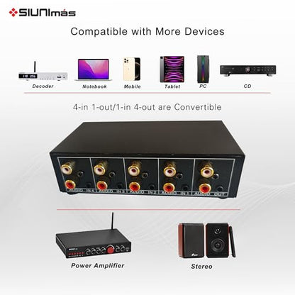 4-in 1-Out RCA and 3.5mm Aux Audio Receiver Switching Box 4 Channels Audio Converter Passive Audio Selector Switch Box 1-in 4-Out (S401-RCA AUX)