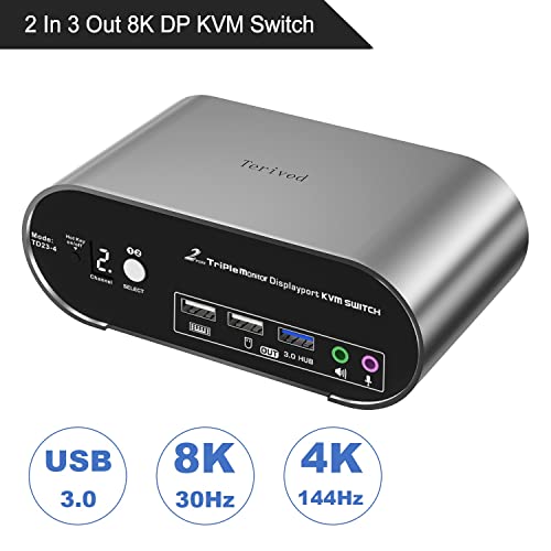 2 Computers 3 DP Monitors KVM Switch with Hotkey and Automatic Switching, 4K@144H USB 3.0 Triple Monitor with Audio Microphone, Aluminum, Digital Display HDR10 All Cables Included - style: 2 Computers 3 DP Monitors USB 3.0