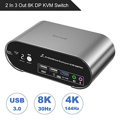 2 Computers 3 DP Monitors KVM Switch with Hotkey and Automatic Switching, 4K@144H USB 3.0 Triple Monitor with Audio Microphone, Aluminum, Digital Display HDR10 All Cables Included - style: 2 Computers 3 DP Monitors USB 3.0