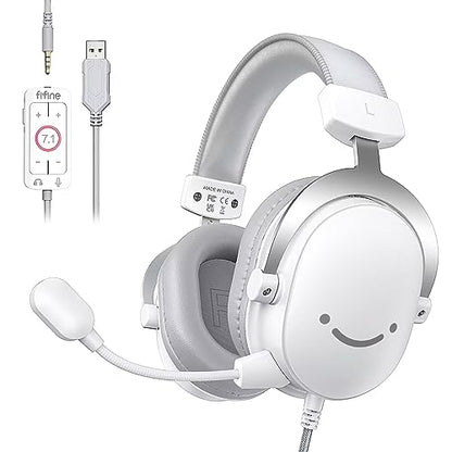 FIFINE USB PC Gaming Headset with 3.5mm Audio Jack, Detachable Microphone, 7.1 Surround Sound, Volume Control, Streaming Over-Ear Wired Headphones for Computer, PS5, Controller, Xbox-H9 White | 50mm Drivers, Crisp 7.1 Surround Sound, 3.5mm/USB Dual Connec