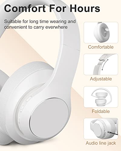Headphones Wireless Bluetooth Over Ear, 40 Hours Playtime Wireless Headphones with Microphone,Foldable Light Weight Headset with HiFi Stereo Sound for Travel Work (White)