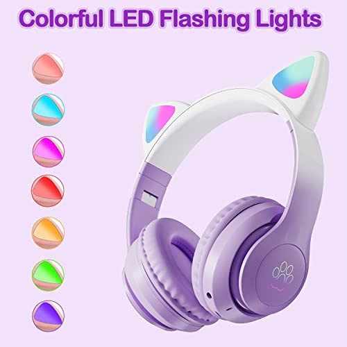 Kids Bluetooth Wireless Over-Ear Cat Ear Headphones with Microphone for Kids Teens Adults (Pro-Purple) | Cat Ear Headphones for Girls/Teenagers/Adults - color: New Purple