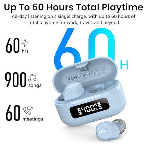 TOZO NC9 Hybrid Active Noise Cancelling Wireless Earbuds, 60H, LED Display | 6 Mic ENC Clear Calls, Deep Bass Sound, IPX8, in Ear Bluetooth 5.3 Headphones,32 EQs via APP,Comfort Fit Ear Buds,Light Blue - color: Light Blue
