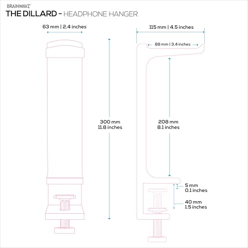 BRAINWAVZ The Dillard - Side Desk Headphone Stand, Suitable for All Headsets, Clamps to Table, Save Space & Store Your Headphones Safely